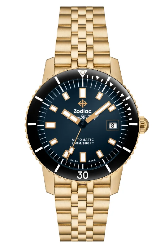 Men's Luxury Style Dress Watches-Zodiac Super Sea Wolf Compression 18K Gold-Plated Automatic ZO9308
