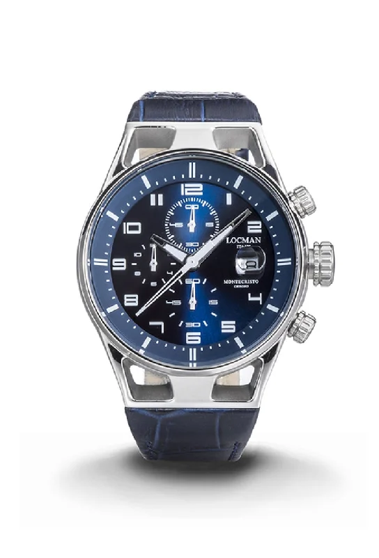 Men's Japanese Made Style Sports Watches-Locman Montecristo Chrono 41mm blu cinturino pelle 0542A02S-00BLWHPB