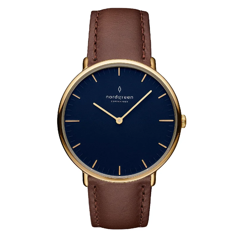 Men's Unique Shape Style Dress Watches-Nordgreen Native Brown Leather 36mm Gold Case Watch
