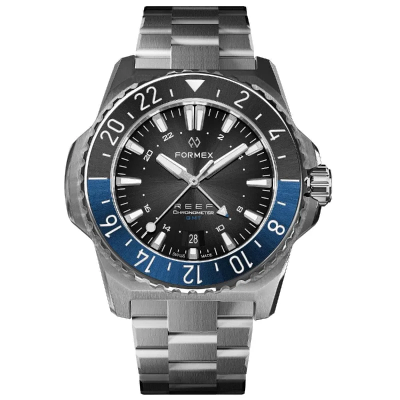 Men's Dive Watches with Comfortable Wearability -FORMEX REEF GMT - Black Dial with Blue GMT - Stainless Steel Bracelet
