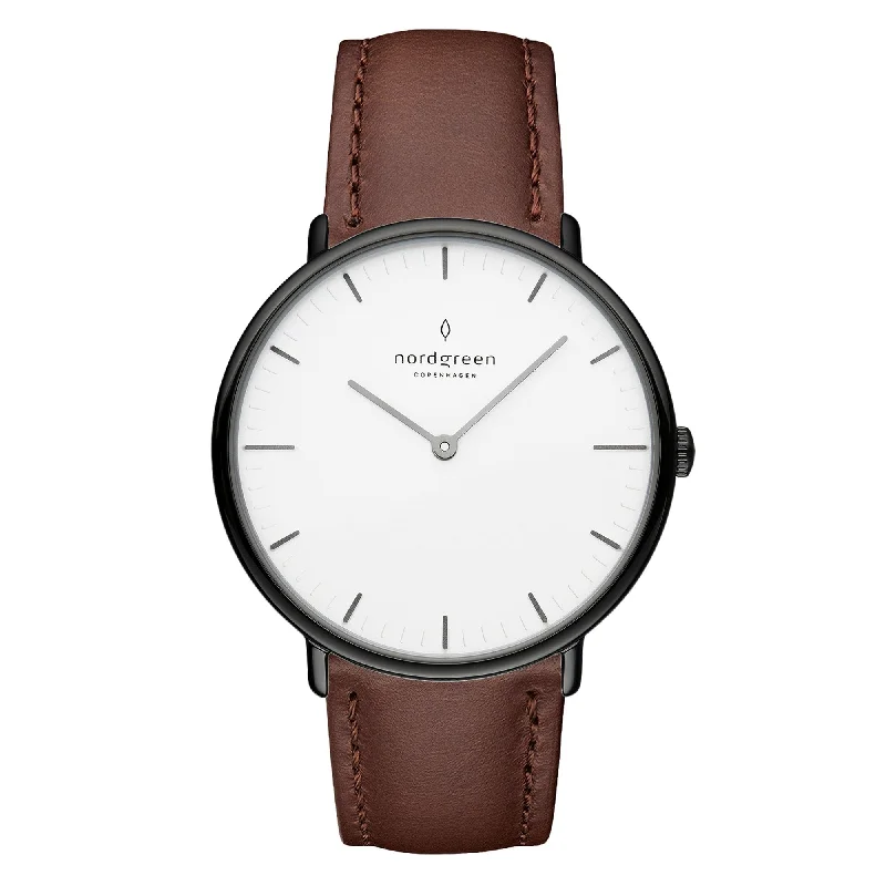 Men's International Brand Design Dress Watches-Nordgreen Native Brown Leather 32mm Gun Metal Case Watch