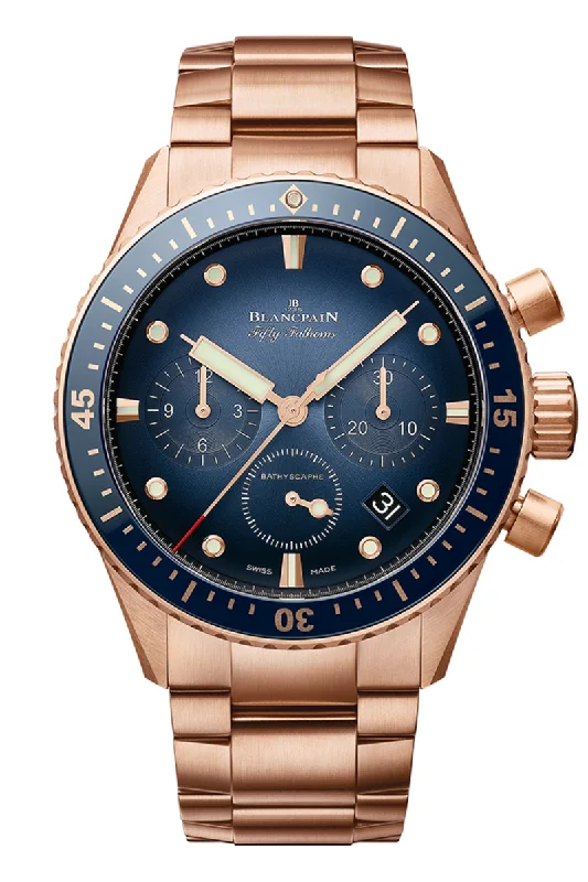 Men's Stylish Design Dress Watches-Blancpain Fifty Fathoms Bathyscaphe Chronograph Red Gold 5200 3640 76S