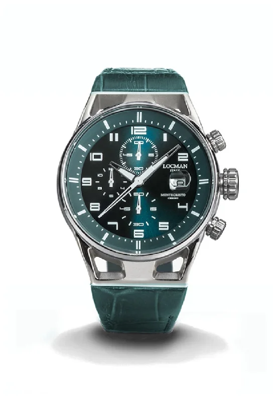 Men's Hand-Wound Style Sports Watches-Locman Montecristo Chrono 41mm cinturino pelle verde 0542A19S-00PTWHPL