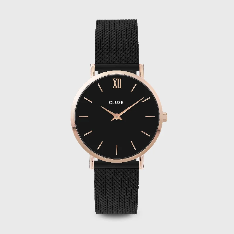 Women's Handmade Design Mechanical Watches-Minuit Watch Mesh, Full Black, Rose Gold Colour