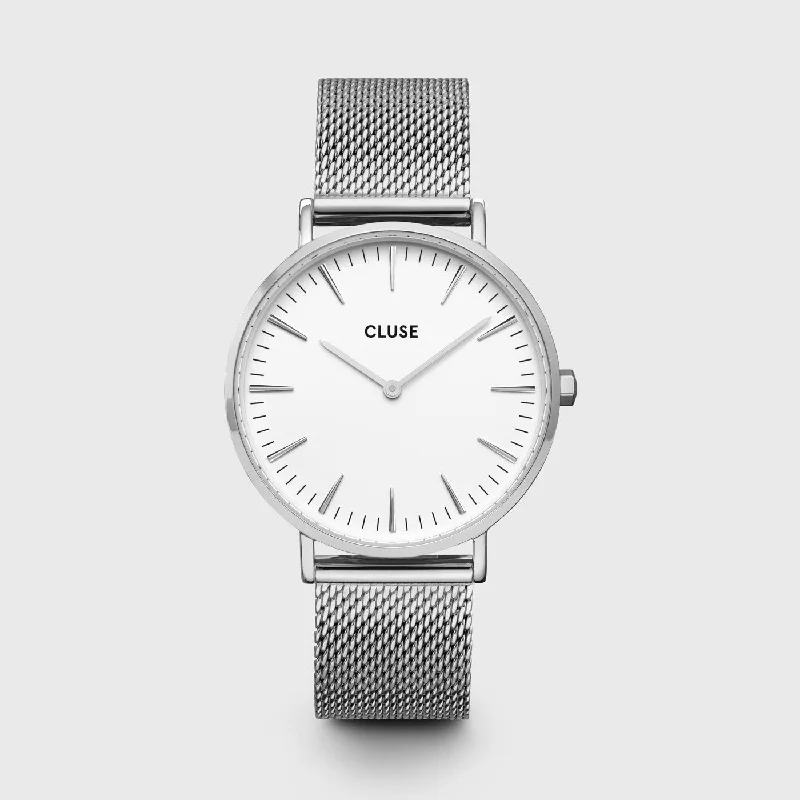 Women's Oval Case Design Mechanical Watches-Boho Chic Watch Mesh, White, Silver Colour