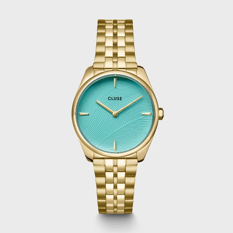 Women's Business Meeting Style Mechanical Watches-Féroce Petite Watch Steel, Leaf Texture Pool Blue, Gold Colour