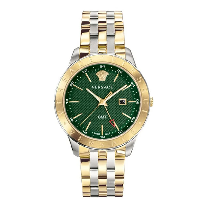 Men's Swiss Watch Clearance-Versace Men's Watch Univers GMT Green Two-Tone Bracelet VEBK00718