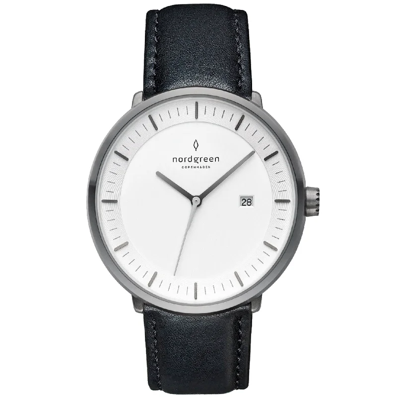 Unisex Bluetooth Connectivity Watches-Nordgreen Philosopher Black Leather 36mm Gun Metal Case Watch Unisex Bluetooth Connectivity Watches-Nordgreen Philosopher Black Leather 36mm Gun Metal Case Watch