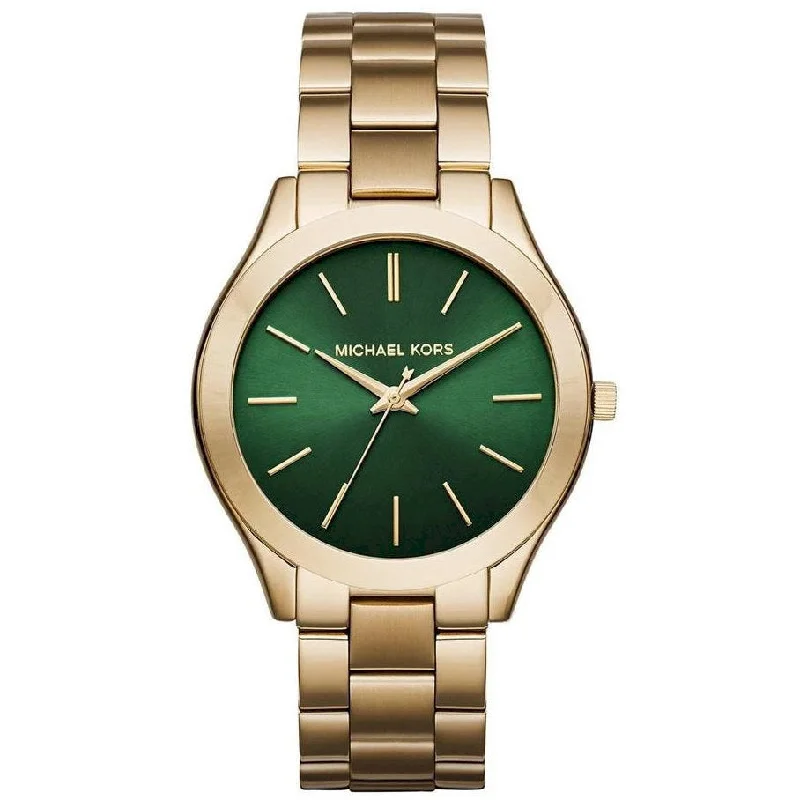 Men's Limited Edition Style Dress Watches-Michael Kors MK3435 Ladies Slim Runway Gold Green Watch