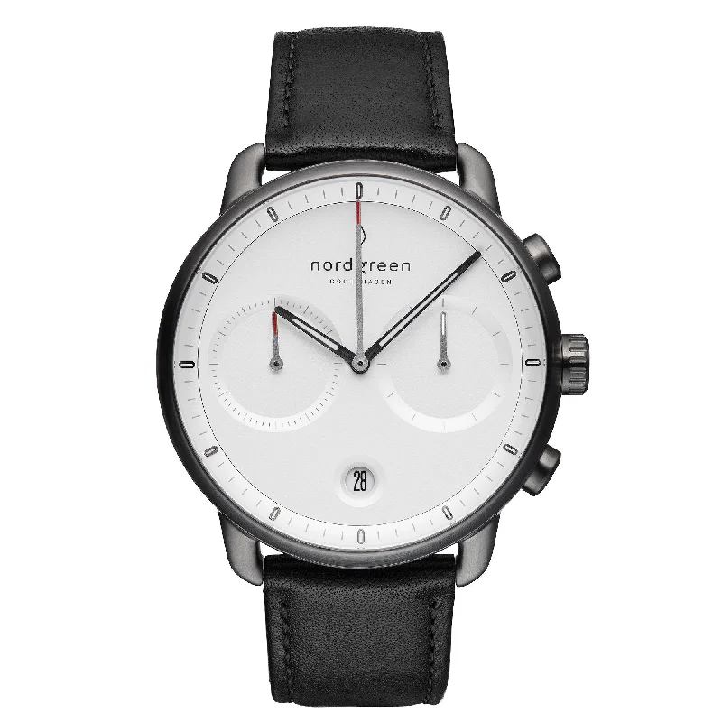 Men's Engraved Style Dress Watches-Nordgreen Pioneer Black Leather 42mm Gun Metal Case Watch