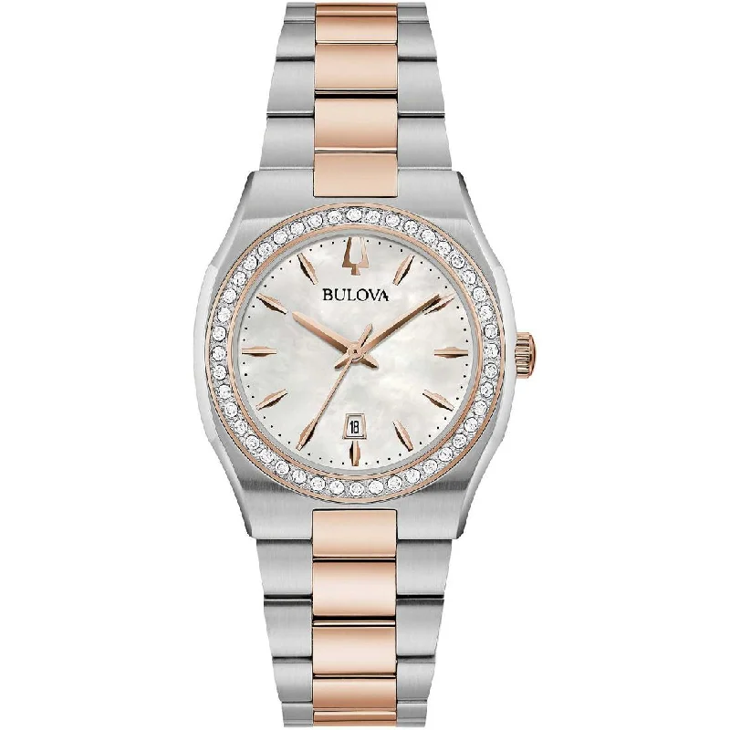Women's Designer Design Mechanical Watches-Orologio Bulova 98R283 Surveyor acciaio e dorato rosa con diamanti