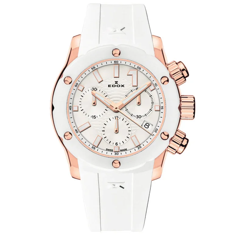 Men's Swiss Hand-Wound Edition-Edox Ladies Chronograph Watch Chronoffshore-1 White and Rose Gold 38mm 10225 37RB BIR