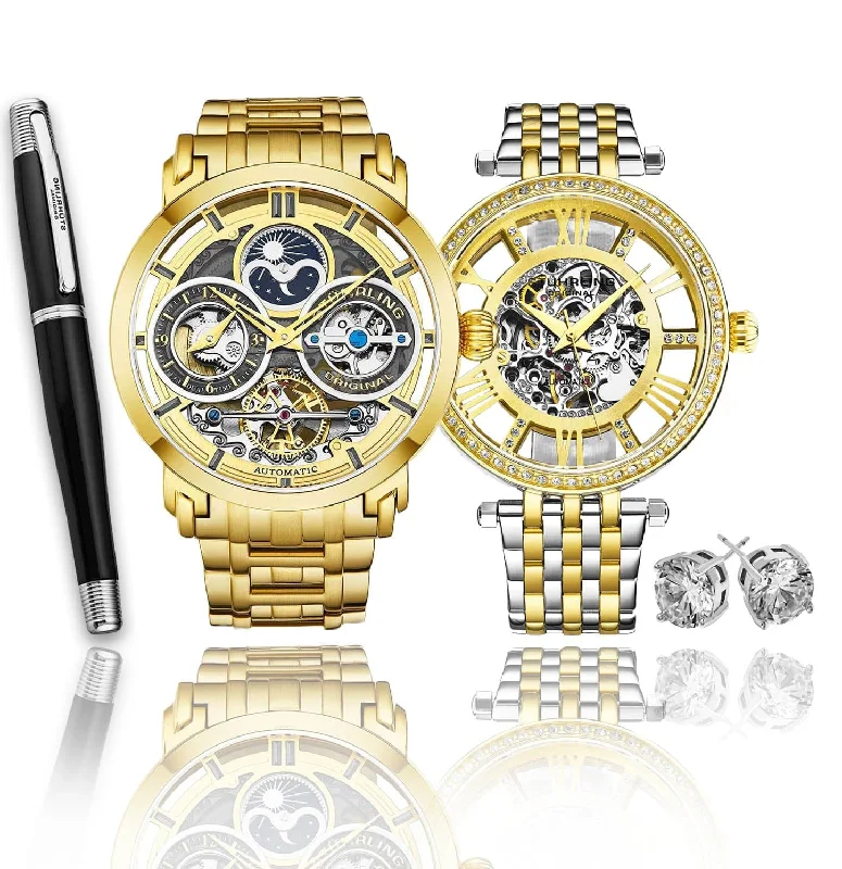 Men's Heritage Watch Brands-Stunning Gold Combo Skeletons Duo with Signature Pen and Stud Earring