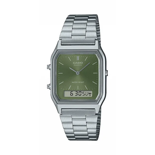 Unisex American Made Style Watches-Casio Watch Vintage Retro Dual Time Steel Green AQ-230A-3AMQYDF