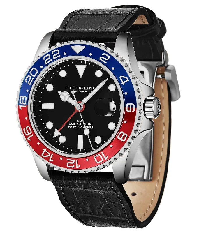 Black Dial / Red and Blue Bezel / Silver Case / Black Leather Band / Deployant Buckle