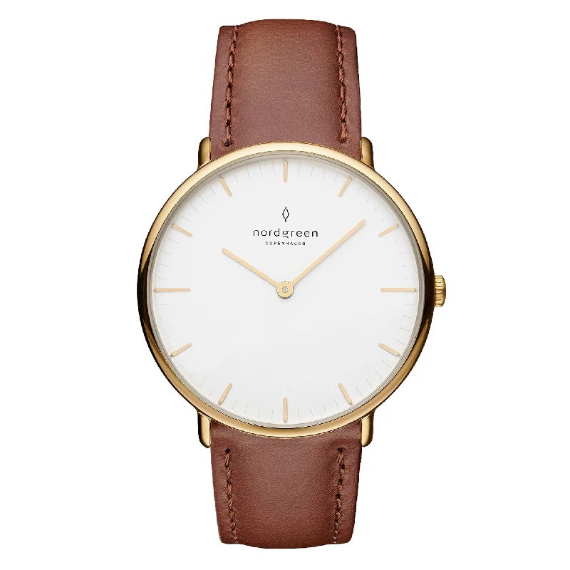 Men's Seasonal Dress Watches-Nordgreen Native Brown Leather 32mm Gold Case Watch
