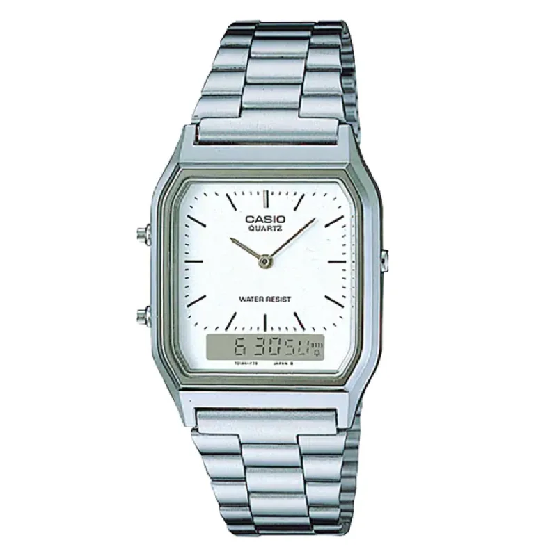 Unisex Kinetic Watches-Casio Watch Vintage Retro Dual Time Steel AQ-230A-7DMQ