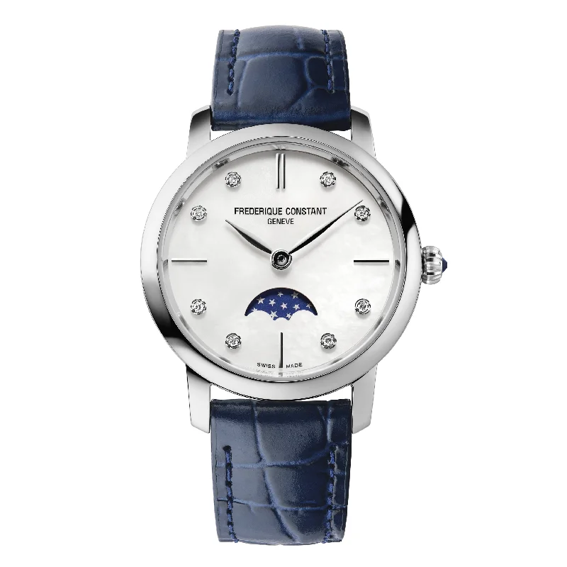 Men's Luxury Style Dress Watches-Frederique Constant Ladies Fc Slimline Moonphase DC Blue Watch FC-206MPWD1S6