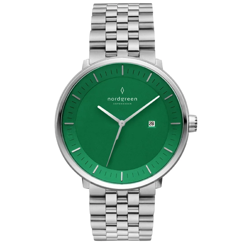 Men's Tonneau Case Style Dress Watches-Nordgreen Philosopher 5-Link Strap 36mm Green Dial Watch