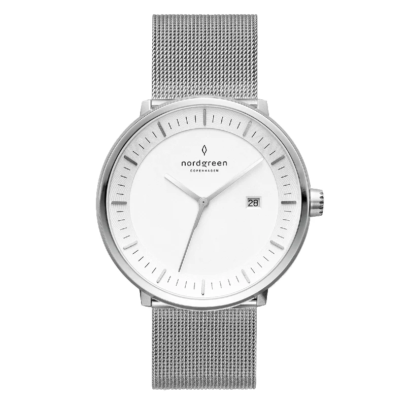 Unisex Thin Case Style Watches-Nordgreen Philosopher Silver Mesh 36mm Silver Case Watch