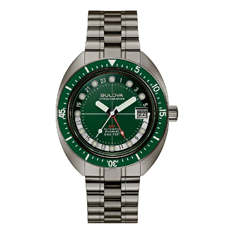 Men's Vintage Style Sports Watches-Orologio Bulova 98B415 Oceanographer GMT verde acciaio nero