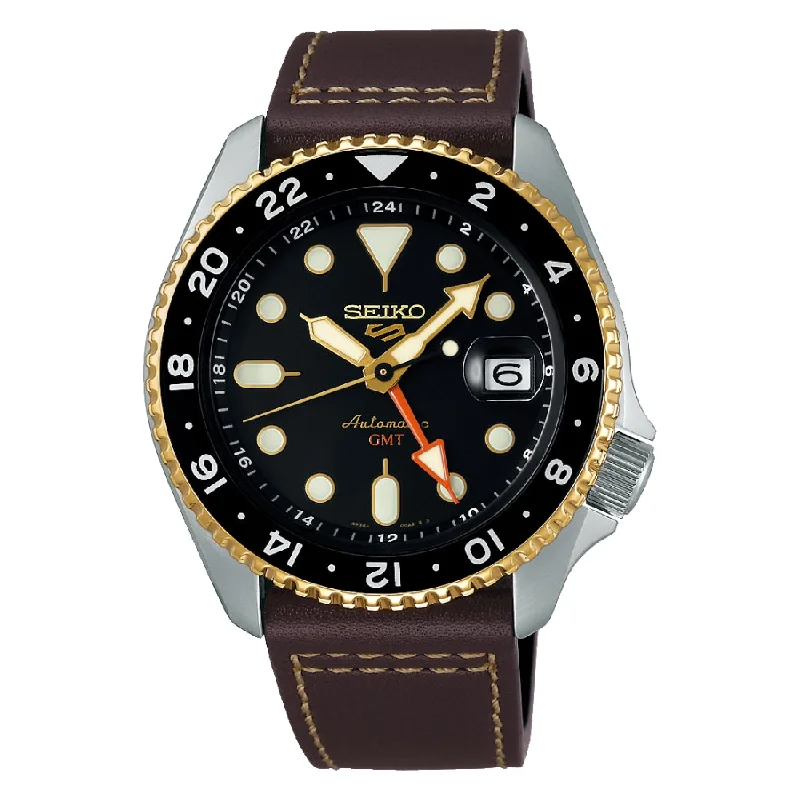 Men's Special Edition Design Sports Watches-Orologio Seiko 5 sports GMT SSK036K1 nero e oro pelle