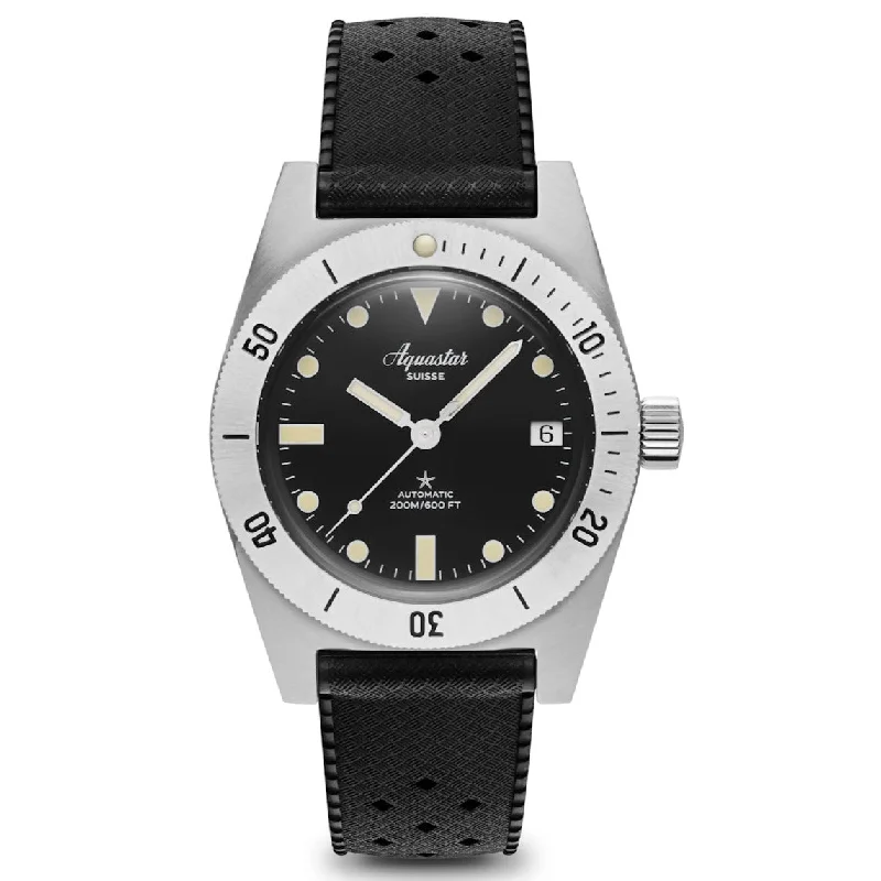 Men's Dive Watches with High Performance for Professionals -Aquastar Model 60 Black Dial on Tropic Strap