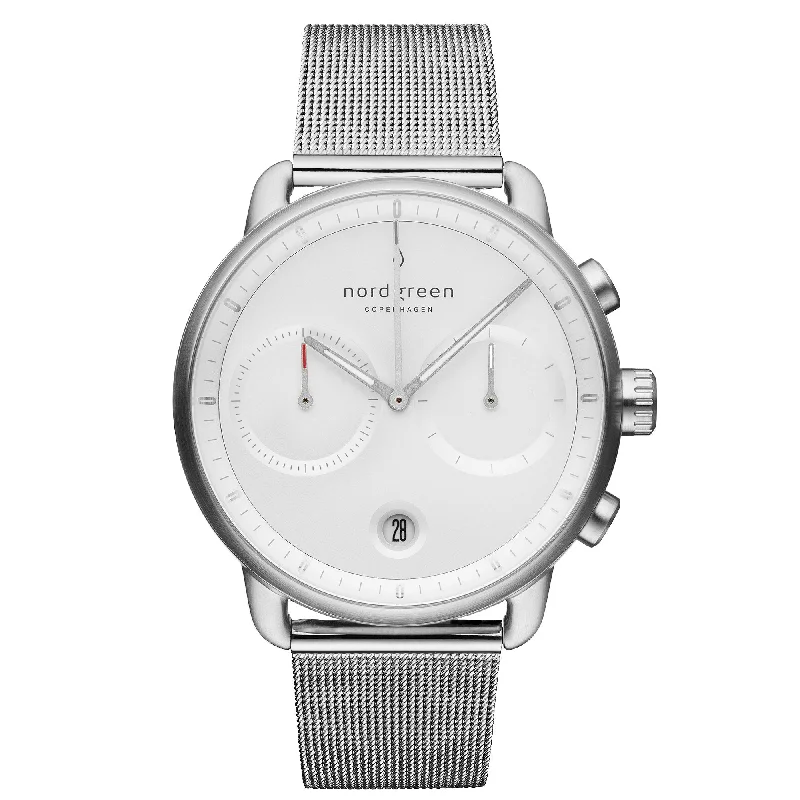 Men's Mechanical Movement Design Dress Watches-Nordgreen Pioneer Silver Mesh 42mm Silver Case Watch
