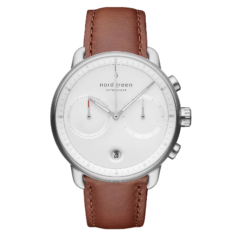 Unisex Large Size Watches-Nordgreen Native Brown Leather 32mm Silver Case Watch