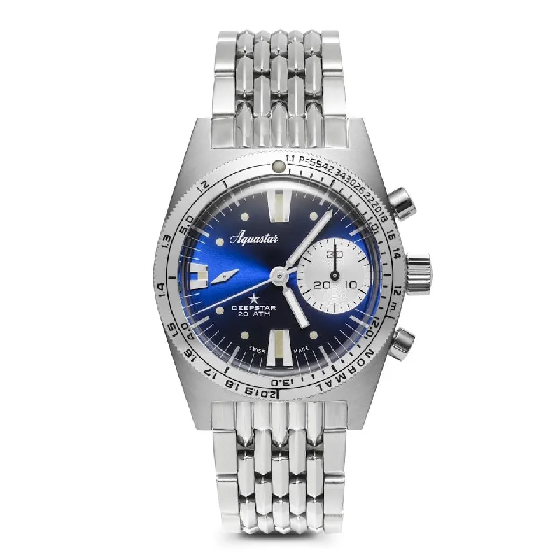Men's Chronograph Watches with Titanium Case -Aquastar Deepstar 39mm Chronograph Blue Ray Dial BOR Bracelet