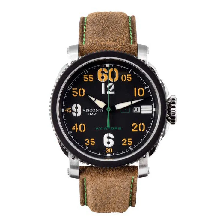 Men's Swiss Watch Casual Wear Edition-Visconti KW29-01 Men's Automatic Aviator SM79 Time Only Black PVD Watch