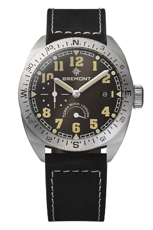 Men's Swiss Made Design Dress Watches-Bremont Terra Nova 40.5mm Turning Bezel Power Reserve TN40-PWR-SS-BK-L-S