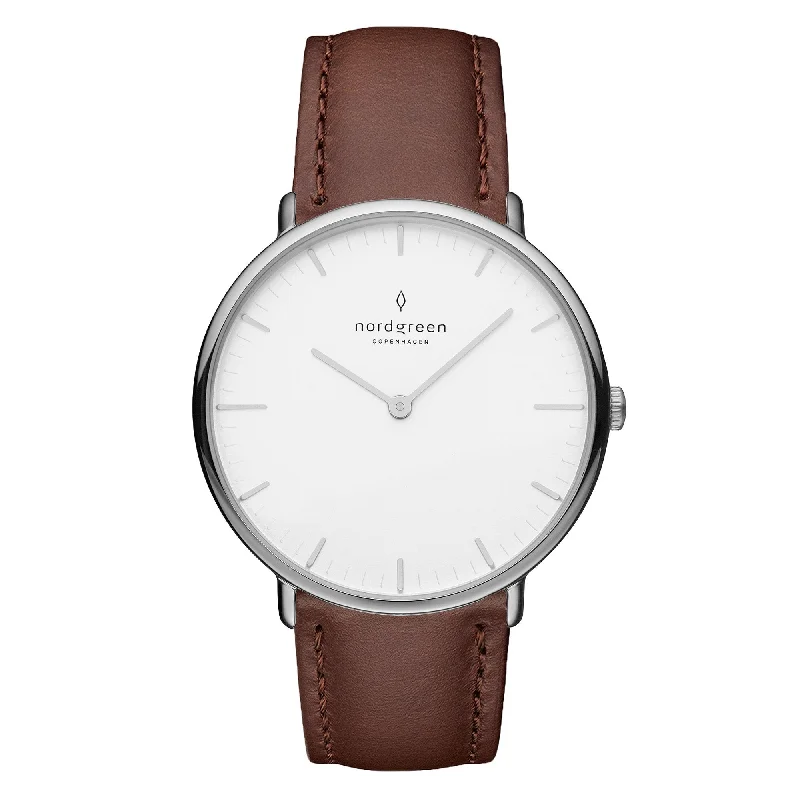 Men's Birthday Dress Watches-Nordgreen Native Dark Brown Leather 40mm Silver Case Watch