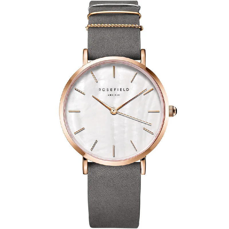 Women's Classic Dress Watches-Rosefield WEGR-W75 West Village Mother of Pearl Grey Leather Ladies Watch