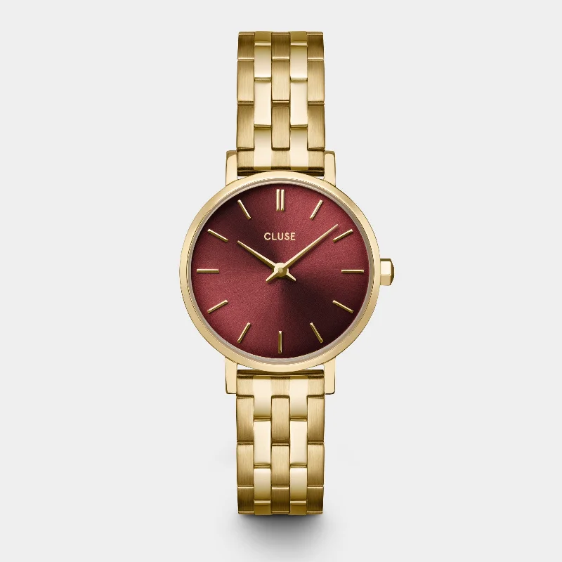 Women's Mechanical Watch Large Size Edition-Boho Chic Petite Watch Steel, Dark Cherry, Gold Colour
