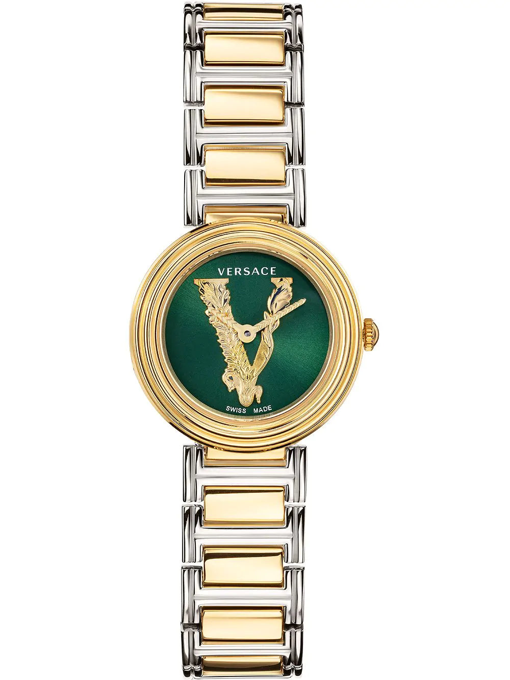 Men's Swiss Solar Powered Edition-Versace Ladies Watch V-Virtus Small Green Two-Tone Bracelet VET300821
