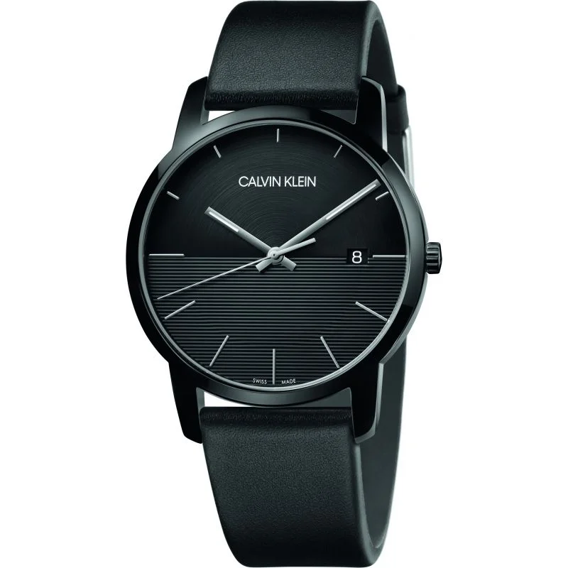 Men's Swiss Made Edition-Calvin Klein Watch City Black Leather K2G2G4C1