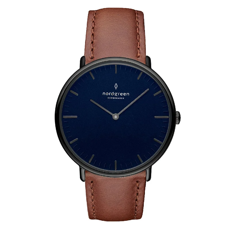 Men's Cushion Case Design Dress Watches-Nordgreen Native Brown Leather 36mm Gun Metal Case Watch