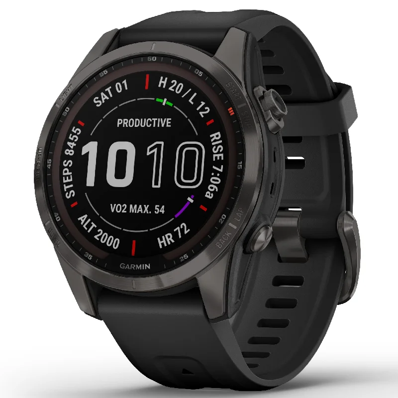 Unisex Quartz Movement Style Watches-Garmin Fenix® 7S Sapphire Solar Edition Carbon Grey DLC Titanium Smartwatch 010-02539-25