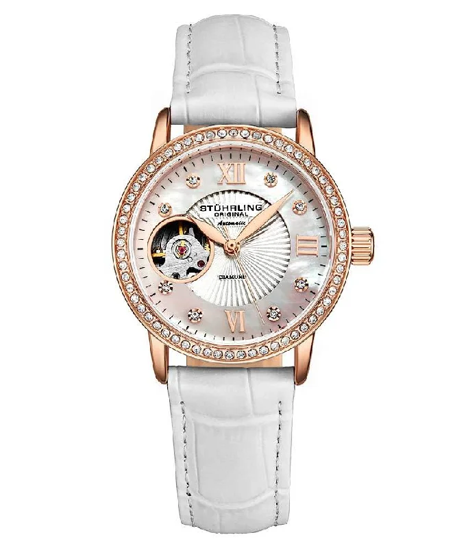 Silver Dial/Rose Case/White Leather Strap