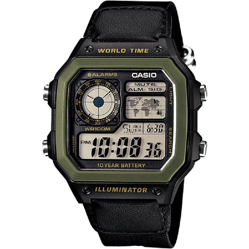 Mens Quartz Movement Style Smart Watches-Casio Youth Series AE1200WHB-1B World Time