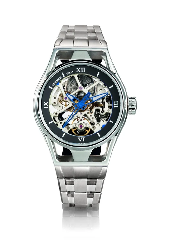 Men's American Made Style Sports Watches-Locman Montecristo Skeleton nero e blu bracciale acciaio 0538A20S-00ANSKB0