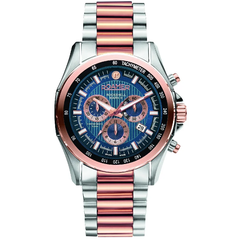 Men's Oval Case Design Dress Watches-Roamer Men's Two Tone Rockshell Mark III Chrono Watch 220837 49 45 20 Men's Oval Case Design Dress Watches-Roamer Men's Two Tone Rockshell Mark III Chrono Watch 220837 49 45 20