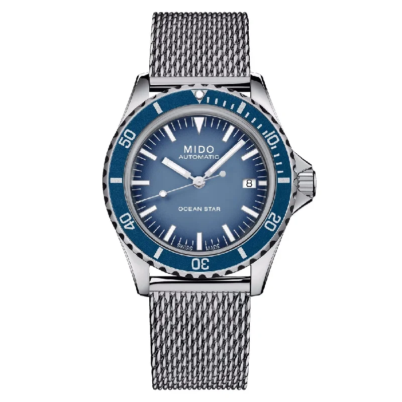 Men's Hand-Wound Design Sports Watches-Orologio Mido Ocean Star Tribute azzurro bracciale mesh