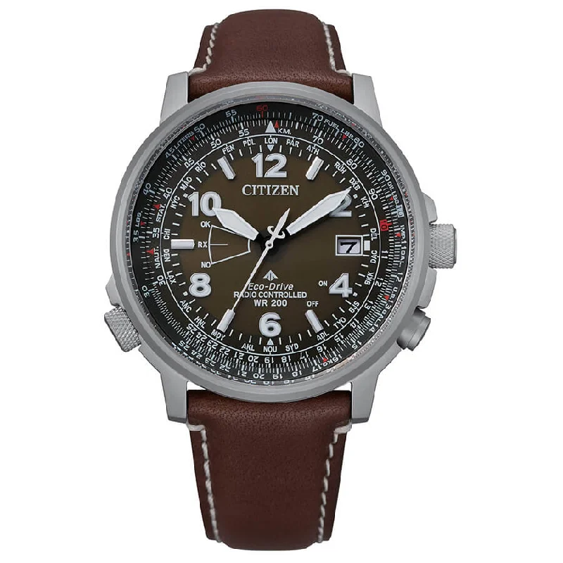 Men's Radio Controlled Watches-Orologio Citizen CB0240-29X Pilot pelle brown