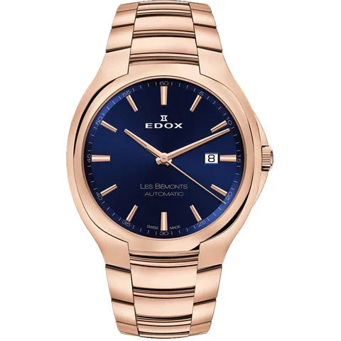 Men's Swiss Eco-Drive Edition-Edox Men's Automatic Watch Les Bèmonts Ultra Slim Blue Rose Gold 42mm 80114 37R BUIR