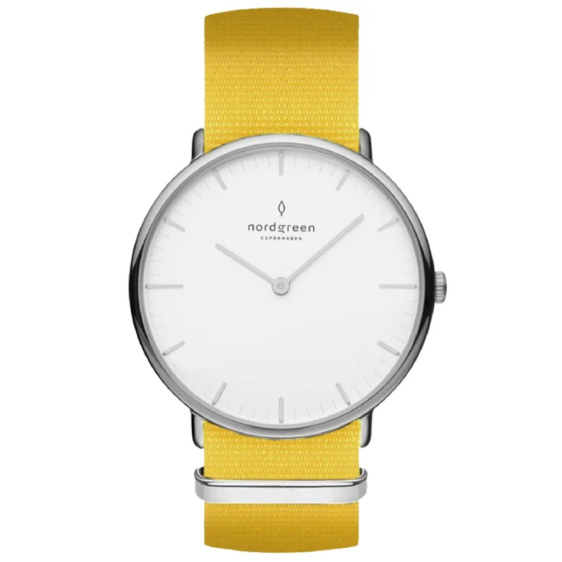 Men's Casual Wear Style Dress Watches-Nordgreen Native Bright Yellow Nylon 36mm Silver Watch Men's Casual Wear Style Dress Watches-Nordgreen Native Bright Yellow Nylon 36mm Silver Watch