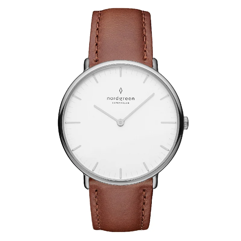 Unisex American Made Style Watches-Nordgreen Native Brown Leather 40mm Silver Case Watch