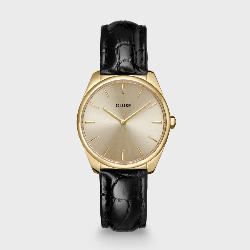 Women's Hybrid Style Mechanical Watches-Féroce Petite Watch Leather, Black Alligator, Gold Colour
