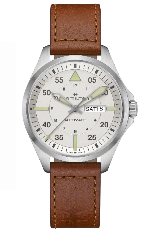 Men's Brown Leather Dress Watches-Hamilton Khaki Aviation Pilot Day Date Auto H64635550 Men's Brown Leather Dress Watches-Hamilton Khaki Aviation Pilot Day Date Auto H64635550